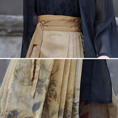 Elegant Jacquard Cami Top Long Sleeve Cardigan Printed Pleated Skirt