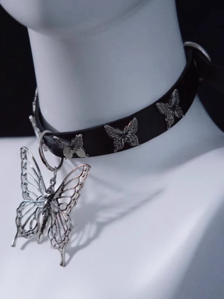 Handmade Metal Butterfly Pendant Black Choker