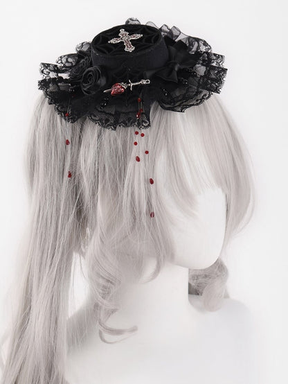 Black Rosette Bowknot Mini with Red Beads Hat