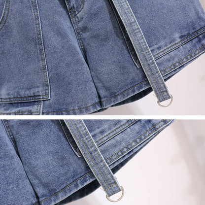 Fake Two Pieces Lapel T-Shirt Pocketed Denim Shorts