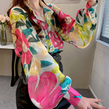 Color Floral Print Puff Sleeve Lapel Shirt Workwear