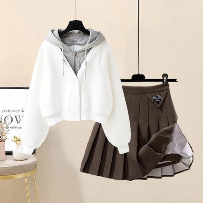 Casual Pocket Hoodie Pleated Skirt Set