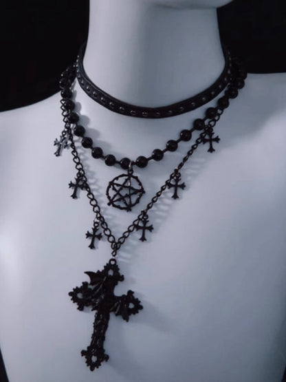 Pentagram Cross Pendant Black Triple Layered Necklace