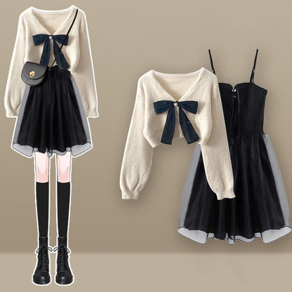 Chic Bow Knot Cardigan Sweater Lace Up Tulle Slip Dress Set