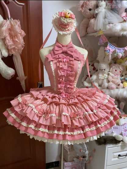 Neck Rose Skirt Sweet Ruffle Idol Lolita Accents Halter Dress Pink Bow Tiered