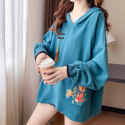 Floral Carp Embroidery Buckle Tassel Loose Hoodie