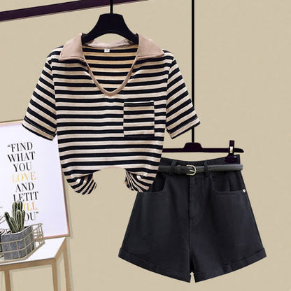 Stripe Pocket Crop Top T-Shirt Denim Shorts modakawa