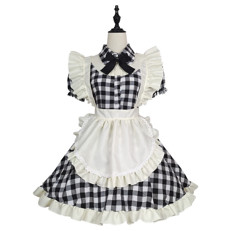 Sweet Bow Knot Ruffled Plaid Maid Dress