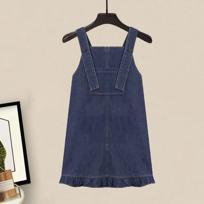 Pocket Lapel Tie T-Shirt Denim Overall Dress Set