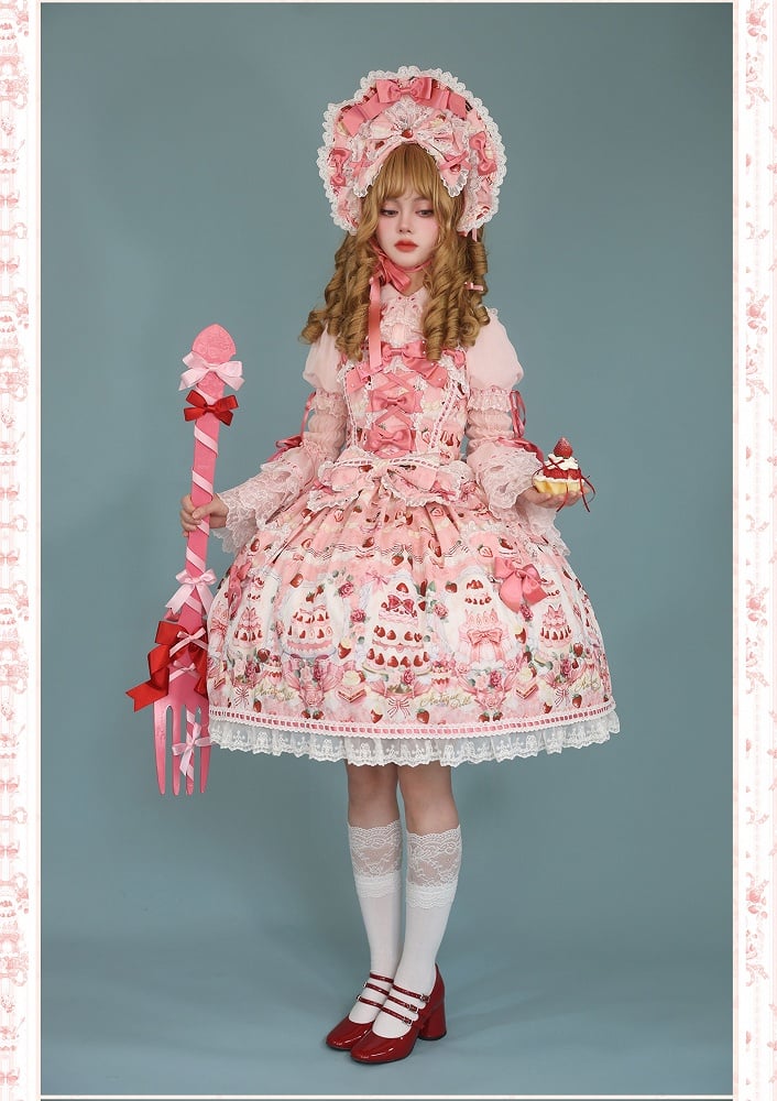 Pink Strawberry and Print JSK Full / Bow Sweet Set Lolita Desserts Accents