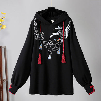 Vintage Crane Embroidery Plush Sweatshirt Dress