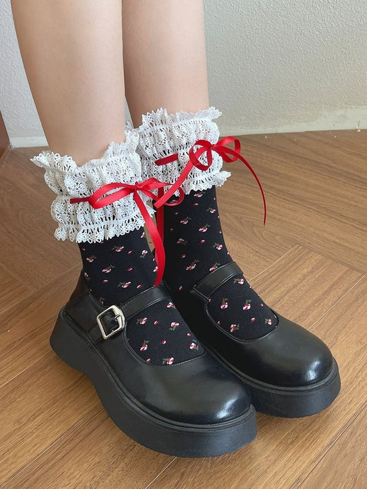 Pattern Black/White Bowknot Trim Calf Floral Lace Details Socks