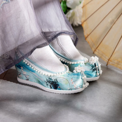 Tie-dye Floral Print Pearl Decor Shoes