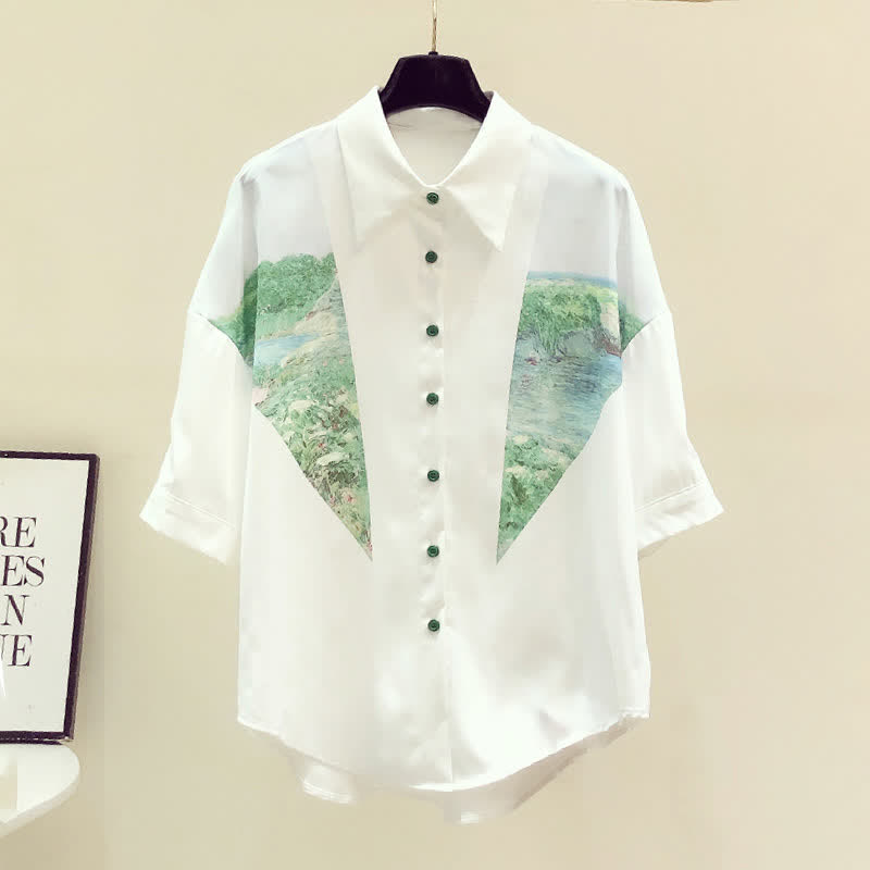 Chic Painting Print Chiffon Lapel Shirt