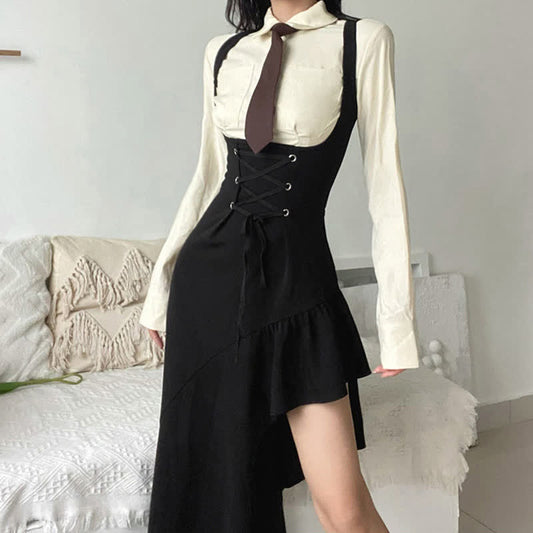 Chic Pocketed Tie Polo T-Shirt Irregular Lace Up Suspender Dress