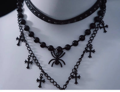 Spider Cross Pendant Black Triple Layered Necklace