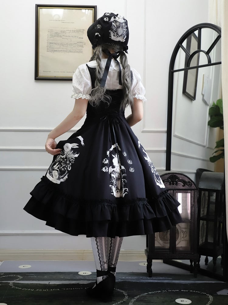 Bunny Gothic Dress Print Slim Fit Dark Waist Black Lolita