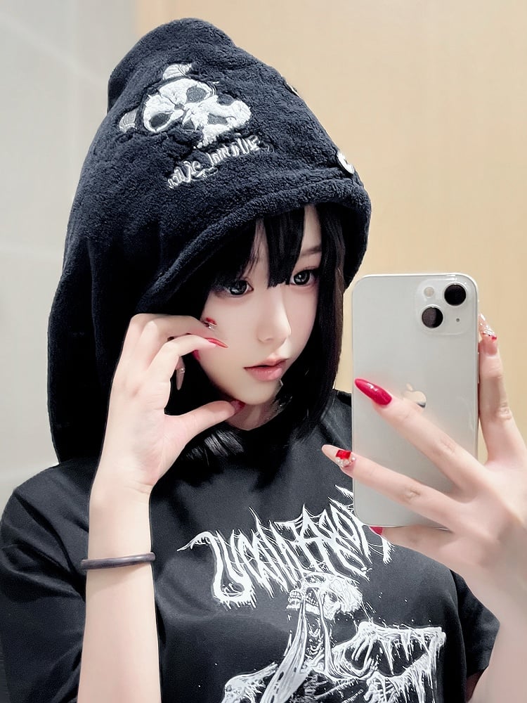 Grim Reaper Drying Gothic and Black White Towel Hair Wrap