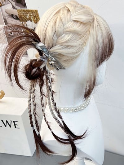 With Bangs Ombre Color Braided Brown White Wig Full And Synthetic Hair