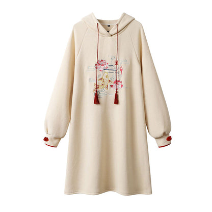 Vintage Fish Embroidery Hooded Dress