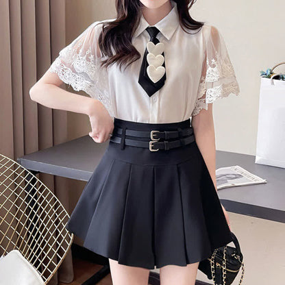 Lace Sleeve Tie T-Shirt Belted Pleated Skirt Set