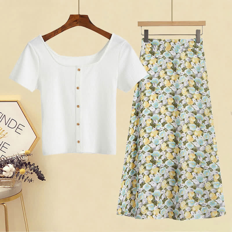 Sqaure Collar Pure Color T-Shirt Floral Print Skirt Set