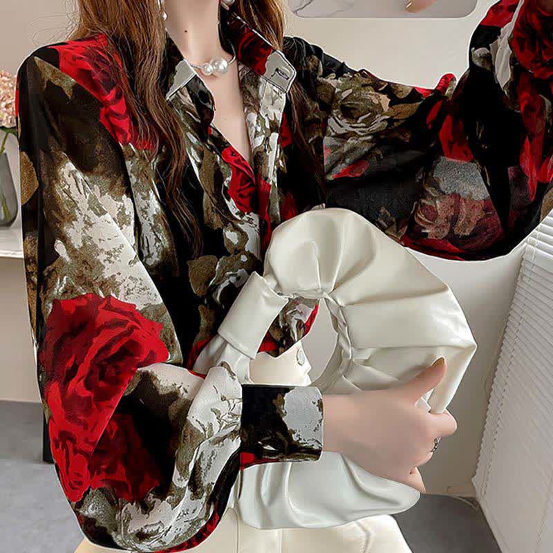 Vintage Red Floral Print Puff Sleeve Shirt Workwear