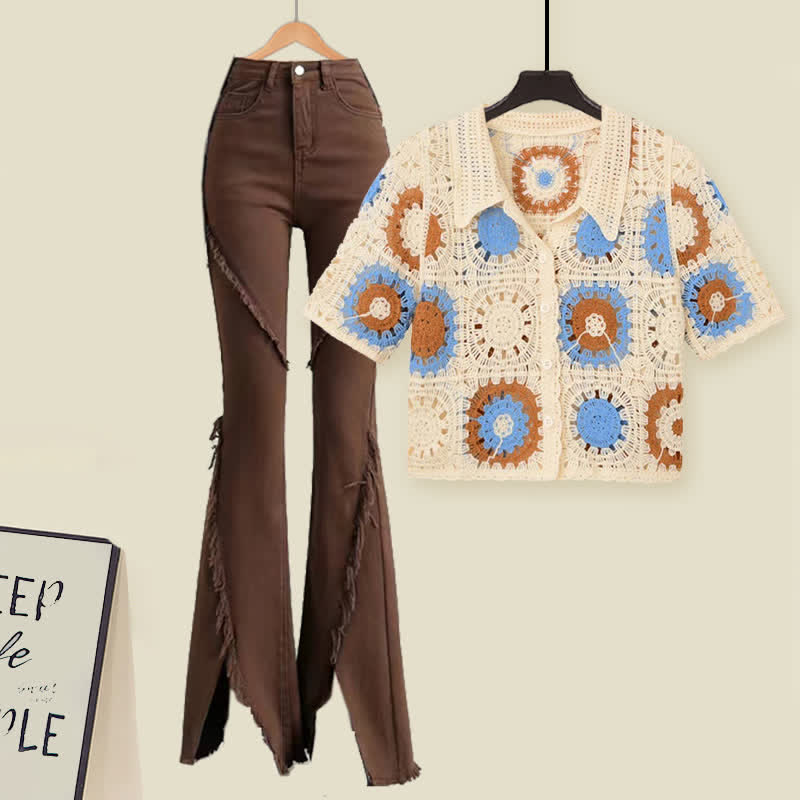 Floral Hollow T-Shirt Fringed Split Denim Pants Set