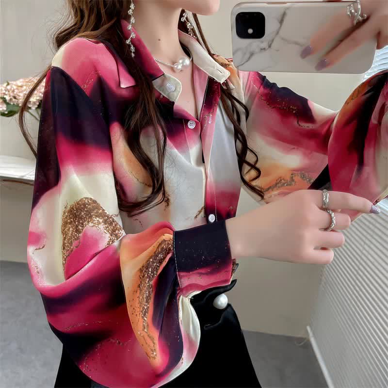 Fashion Colorblock Tie-dye Print Puff Sleeve Shirt