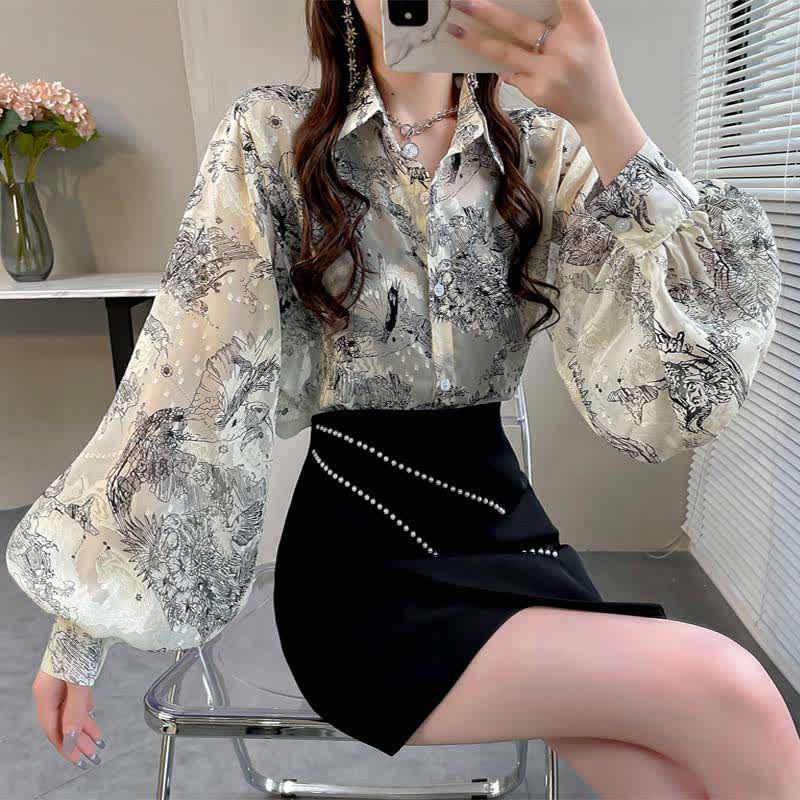 Vintage Ink Painting Print Puff Sleeve Shirt Workwear