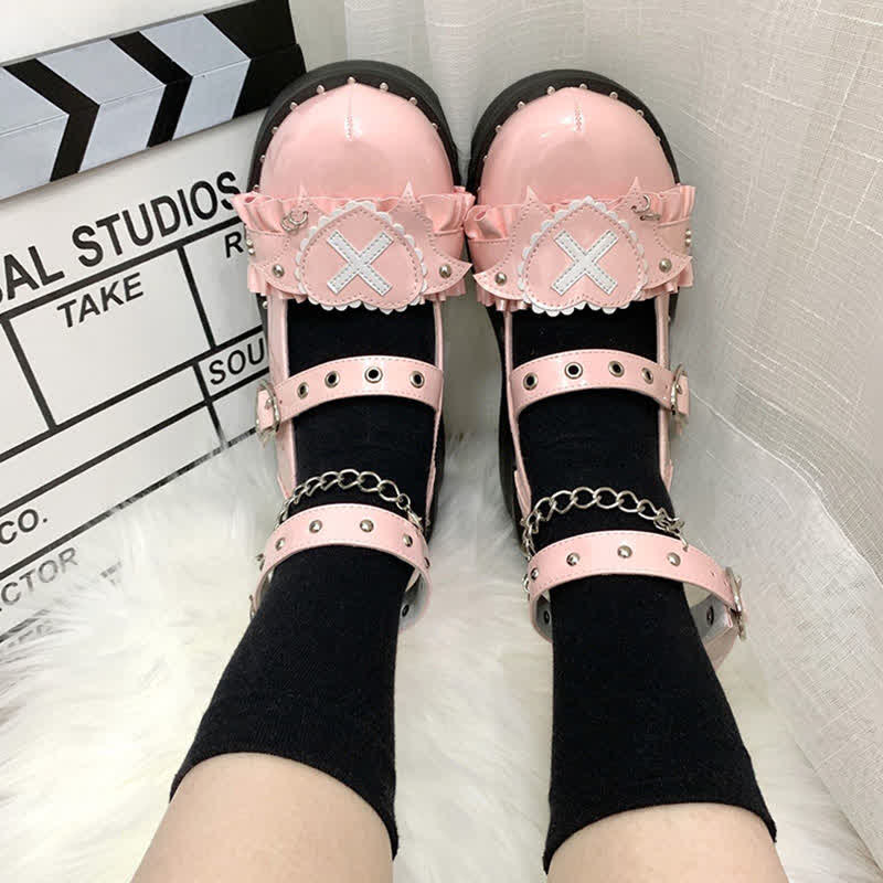 Sweet Punk Cross Love Heart Chain Strap Buckle Platform Shoes