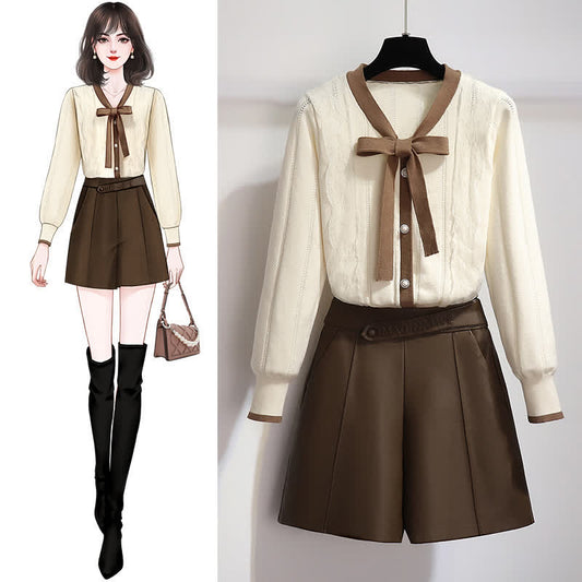 Elegant Bowknot Cardigan Sweater Elastic Waist Shorts