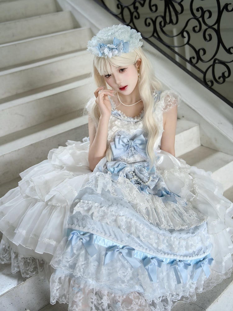 Dress JSK Decoration Hanayome Lolita Set Full Hime Skirt Tiered and White Blue Bows
