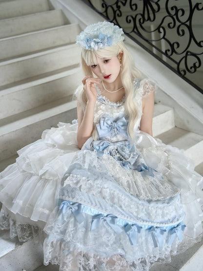Dress JSK Decoration Hanayome Lolita Set Full Hime Skirt Tiered and White Blue Bows