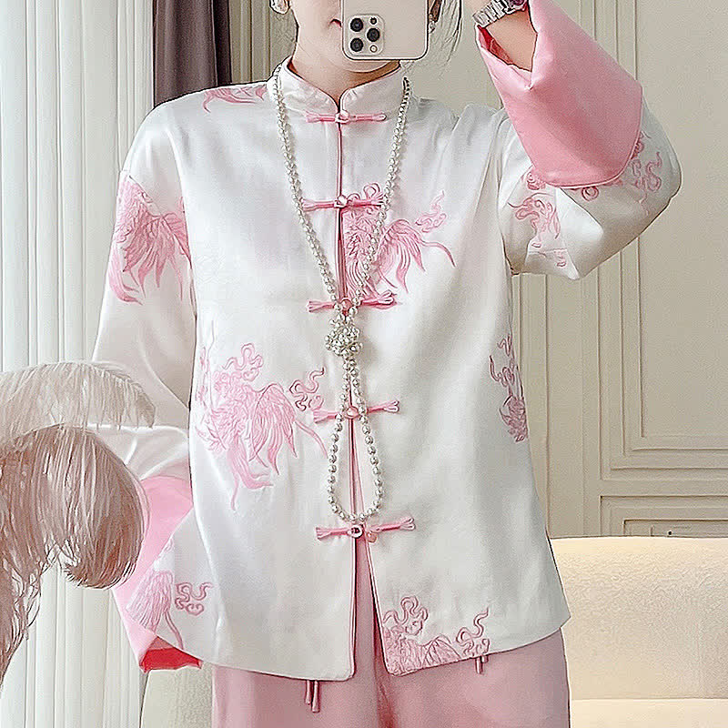 Vintage Floral Embroidery Buckle Long Sleeve Satin Shirt