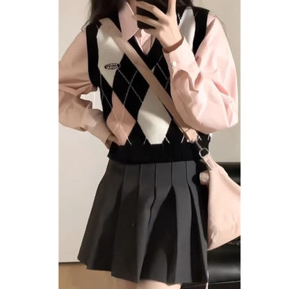 Pink Rhombus Print Vest Long Sleeve Shirt Pleated Skirt