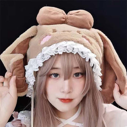 Pink Bowknot Decor Lolita Bunny Ears Plush Hat