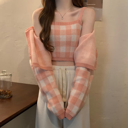 Pink Plaid Top Cardigan Sweater White Pants Set