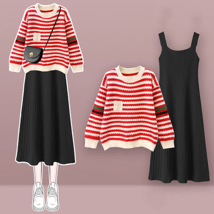 Stripe Colorblock Knit Sweater Slip Dress Set