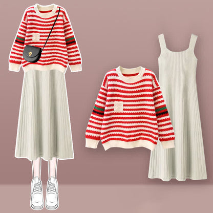 Stripe Colorblock Knit Sweater Slip Dress Set