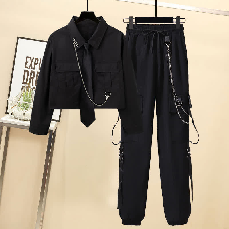 Chic Pocket Lapel Tie T-Shirt Casual Chain Cargo Shorts Pants