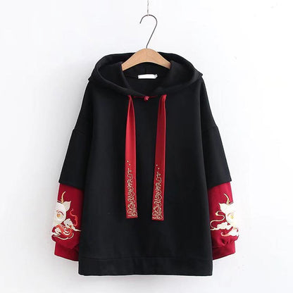 Stylish Dragon Embroidery Colorblock Hoodie Skirt Set