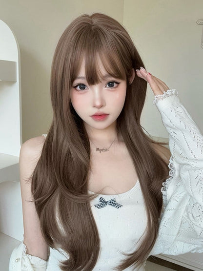 Length Air With Bangs Brown 72CM Wavy Wig Light