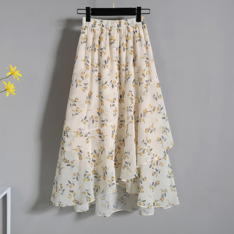 Yellow Flower Embroidery T-Shirt Floral Print Skirt