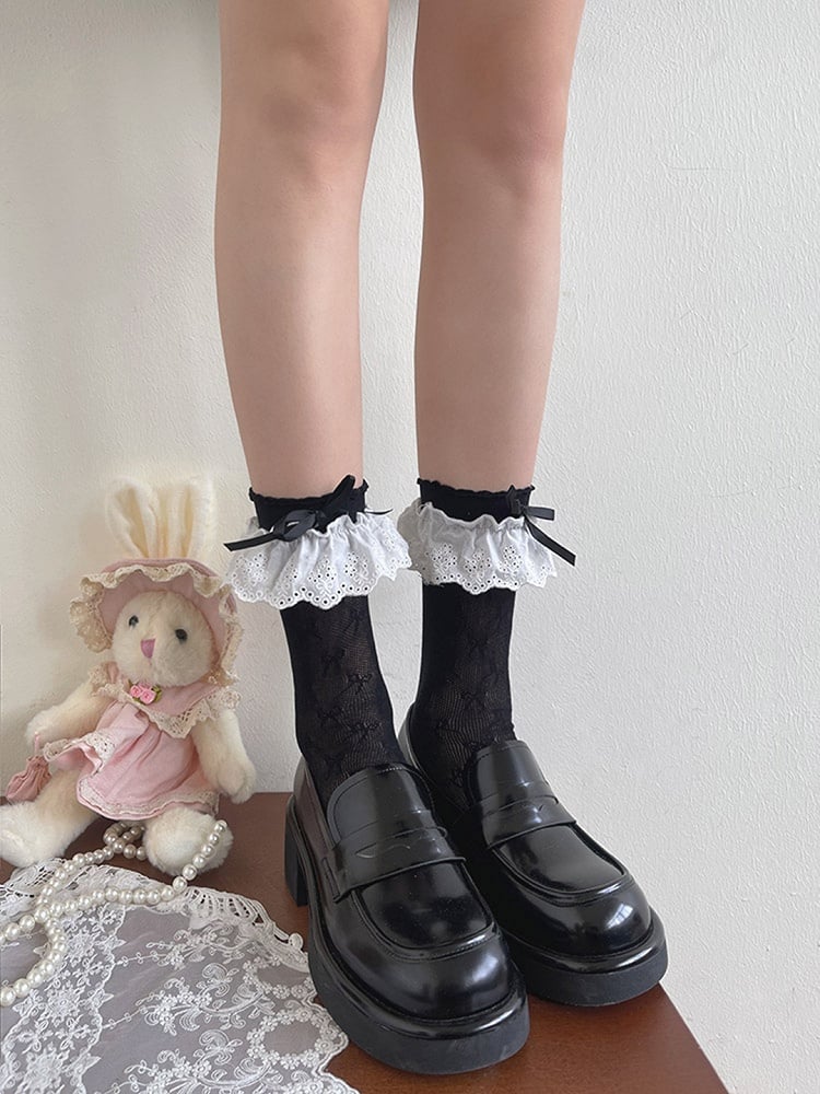 Black/White/Apricot Bowknot Hollow-out Socks Details Trim Lace
