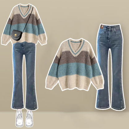 Sweet Stripe Sweater Casual Pants Set modakawa