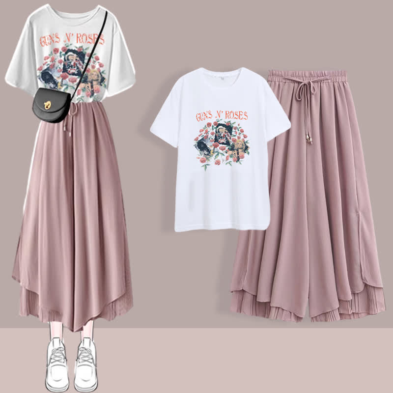 Sweet Printed T-Shirt Chiffon Split Wide Leg Pants Set