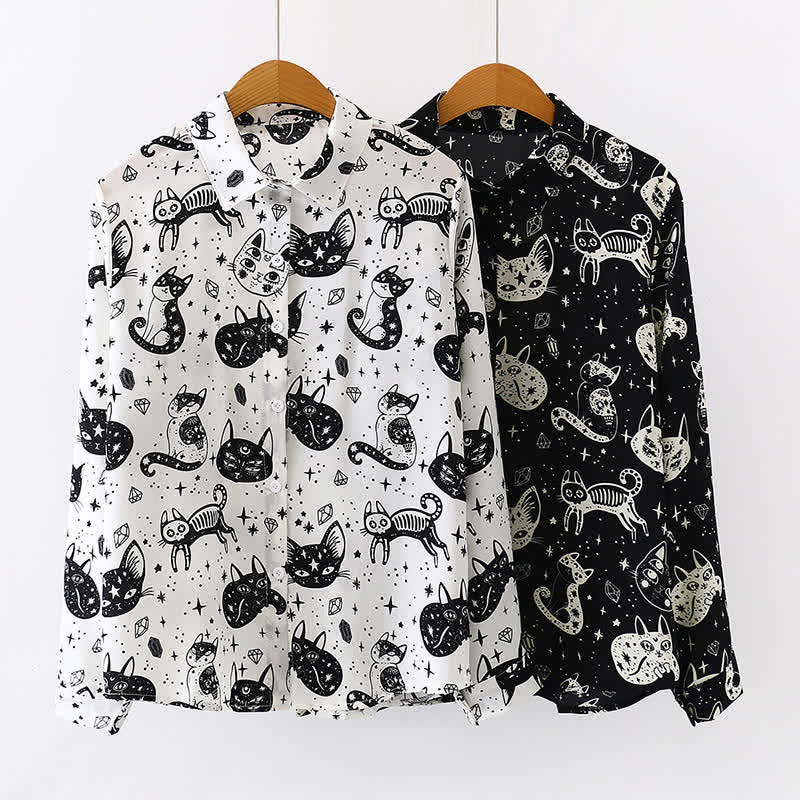 Black White Kitty Print Lapel Chiffon Shirt