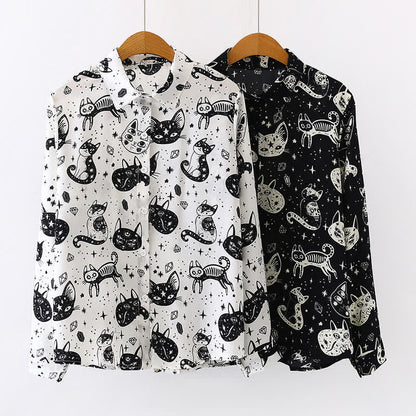 Black White Kitty Print Lapel Chiffon Shirt