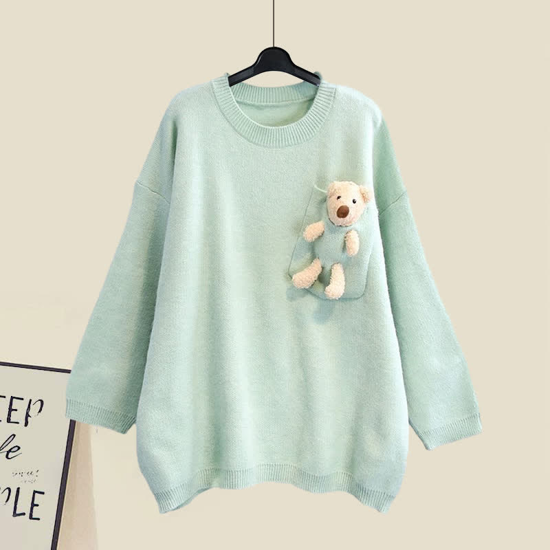 Sweet Bear Pullover Sweater Lapel Pleated Dress